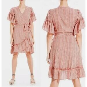 Max Studio Gingham Check Ruffle V Neck Knee Length Wrap Dress Red Women's Medium